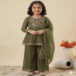 Girls Embroidered Crunch Silk Top Palazzo Set with Dupatta